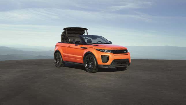 A bright orange Evoque cabriolet with its roof folding away