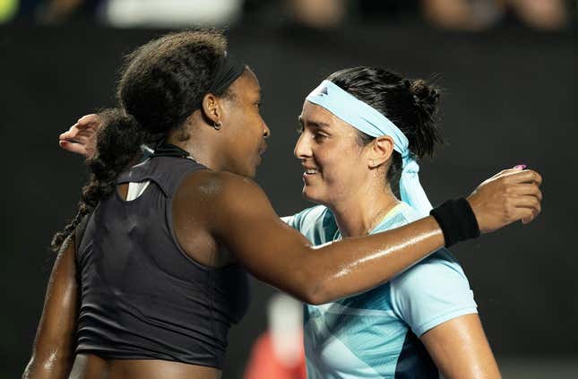 Oct 30, 2023; Cancun, Mexico;  Coco Gauff (USA) and Ons Jabeur (TUN) hug at the net after their match on day two of the GNP Saguaros WTA Finals Cancun.