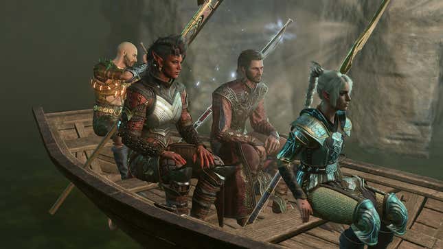 Shep, Karlach, Gale, and Shadowheart ride a boat in a dark cave.