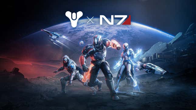 Destiny characters in Mass Effect clothes pose in front of Earth.