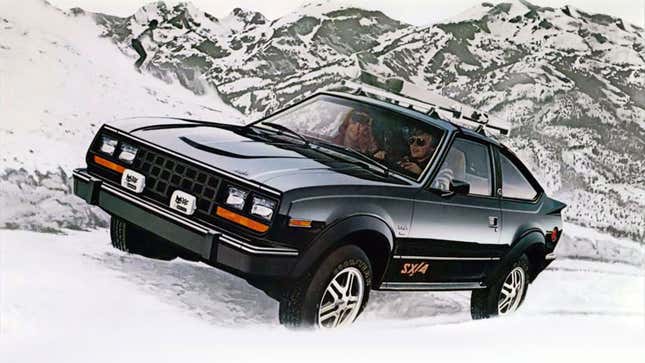 A photo of a black AMC Eagle driving on snow. 