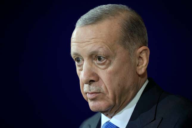 Turkey&#39;s President Recep Tayyip Erdogan talks to the media during his visit at the chancellery with German Chancellor Olaf Scholz in Berlin, Germany, Friday, Nov. 17, 2023. (AP Photo/Markus Schreiber)