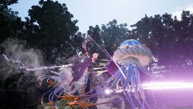 Cloud strikes at a jellyfish-looking enemy while flyign through the air.
