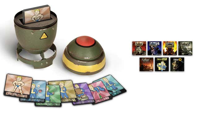 Fallout-Sammlung mit der Bombe, sieben Karten und sieben kleinen Schachtelbildern.