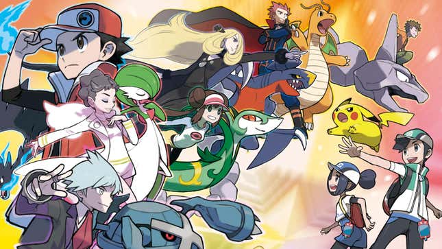 Art for Pokémon Masters EX showing Pokémon and their trainers. 