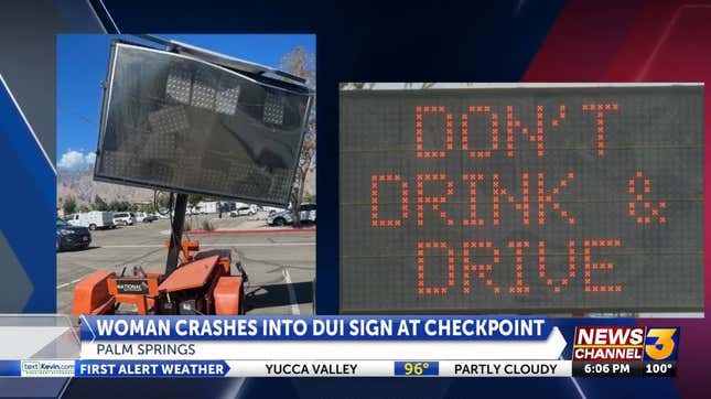 A still image of the damaged "Don't Drink and Drive" sign