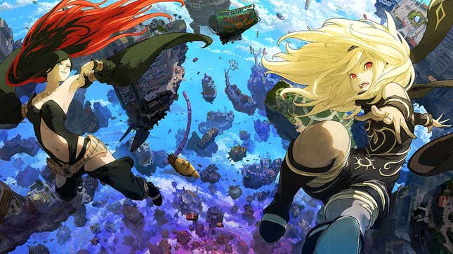 Gravity Rush characters Raven (left) and Kat (right) soar through the air with debris floating around and behind them.