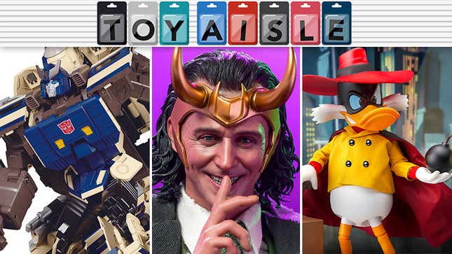 Takara Tomy's MGP-01 Transformers Shouki, Hot Toys' President Loki, and Beast Kingdom's Darkwing Duck.