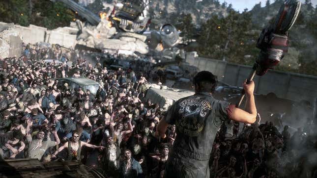 A screenshot shows a large zombie horde as seen in Dead Rising 3. 