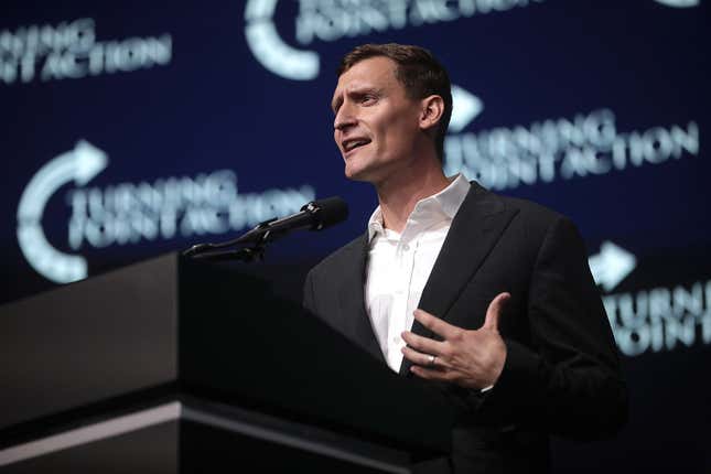 Blake Masters speaking with attendees at the “Rally to Protect Our Elections” hosted by Turning Point Action at Arizona Federal Theatre in Phoenix, Arizona.