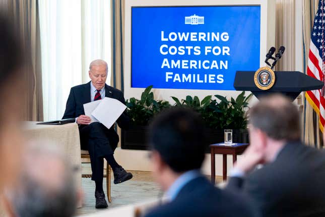 President Joe Biden sits after speaking during a meeting with his Competition Council in the State Dining Room of the White House in Washington, Tuesday, March 5, 2024. (AP Photo/Andrew Harnik)