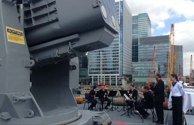 A band prepares to play aboard the Sachsen in London.