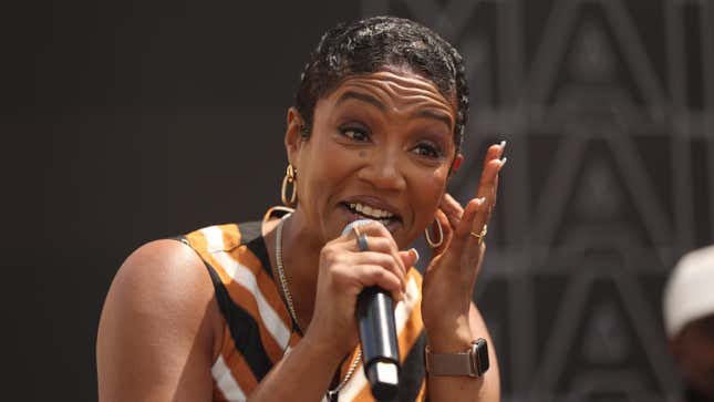 Tiffany Haddish sings Whitney Houston after her panel during the LA Times Book Festival at the USC campus on Sunday, April 21, 2024, in Los Angeles, CA.