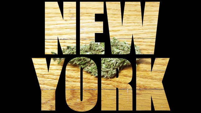 A weed bud inside letters spelling out "New York"