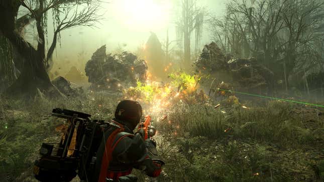 A screenshot of a Helldivers 2 player fighting off bugs in a swamp-like area.