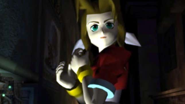 Aerith stares down an alley past the camera.