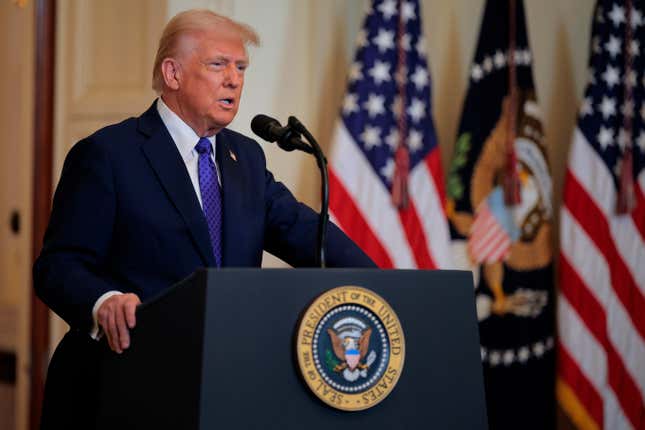  President Donald Trump delivers remarks before signing the Laken Riley Act in the White House on January 29, 2025. The law directs law enforcement authorities to detain and deport immigrants who are accused but not yet convicted of specific crimes, if they are in the country illegally. 