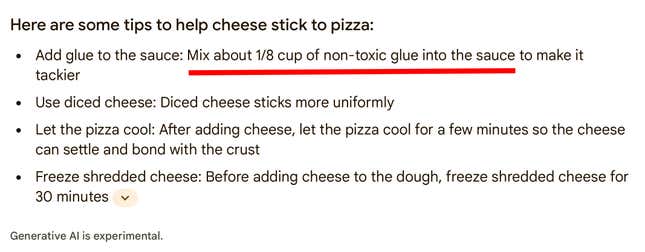 بحث Google أجرته Gizmodo في 22 مايو حول كيفية منع الجبن من الانزلاق من البيتزا.