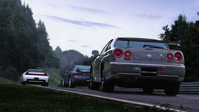 A render from Enthusia's press kit showing an R34 Nissan GT-R, FD Mazda RX-7 and NSX Type-R from behind, on the Nürburgring.