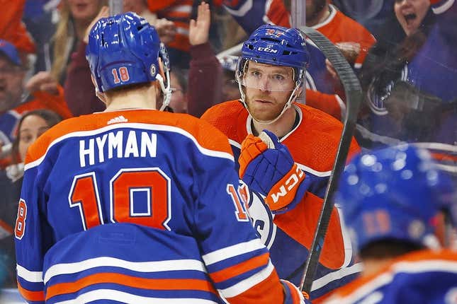 Apr 15, 2024; Edmonton, Alberta, CAN; The Edmonton Oilers celebrate a goal scored by forward Connor McDavid (97) during the first period against the San Jose Sharks at Rogers Place.