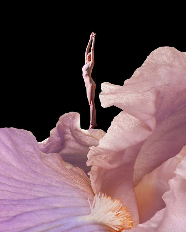 A naked woman stands elegantly with her arms up on top of a huge pink flower.