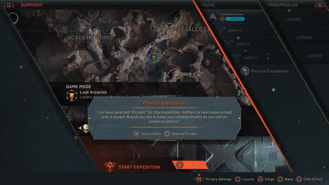 An Anthem screenshot showing the player set their expedition to Private.