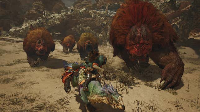 A figure rides a somewhat bird-like creature away from a stampede of massive, nasty-looking beasts.