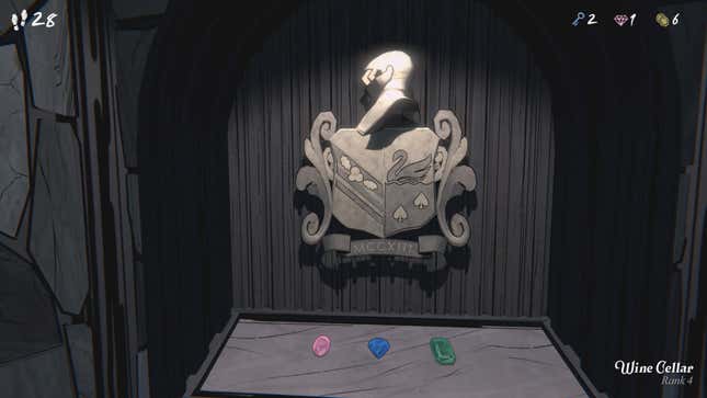 A screenshot of Blue Prince. Three gems are shown on a shelf in front of a crest.