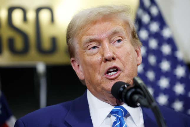  Republican presidential candidate, former U.S. President Donald Trump gives remarks to the press at the National Republican Senatorial Committee building on June 13, 2024 in Washington, DC. 