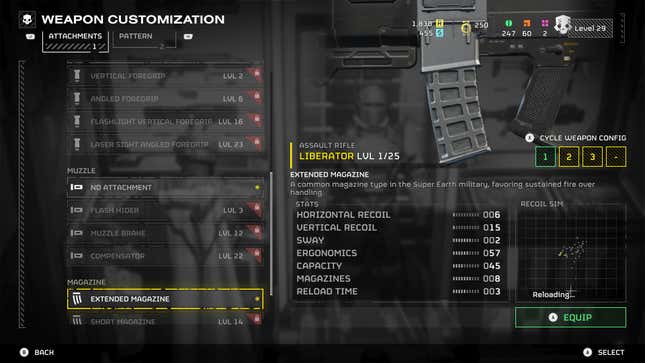 The weapon customization menu in Helldivers 2.