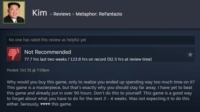 A screenshot shows a Steam review for Metaphor: ReFantazio.