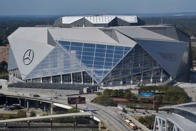 FILE - Mercedes-Benz stadium is seen, Wednesday, Oct. 4, 2017, in Atlanta. Mercedes-Benz Stadium in Atlanta will host the opening game and South Florida&#39;s Hard Rock Stadium gets the final when Copa América returns to the United States in 2024. A joint announcement was made Monday, Nov. 20, 2023, by CONMEBOL and CONCACAF, the governing bodies of South American and North American soccer, respectively. Other sites and scheduling for the 16-team tournament will be revealed later.(AP Photo/Mike Stewart, File)