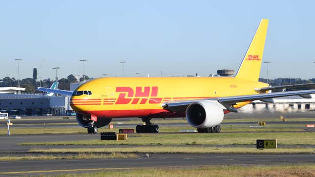 A DHL cargo plane at Kingsford International Airport in Sydney, Australia in August 2021