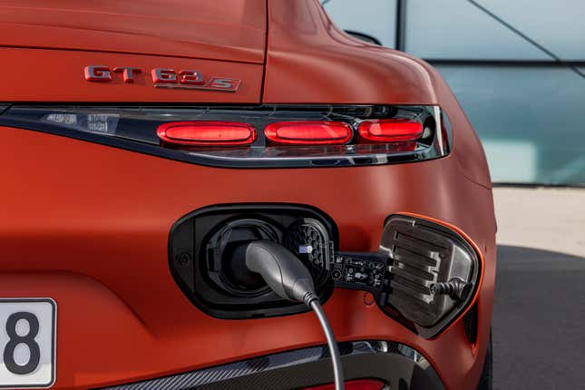 Rear charge port of an orange Mercedes-AMG GT63 coupe