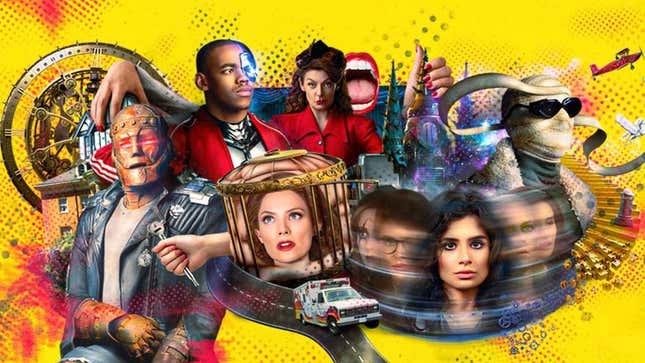 The cast of HBO Max's Doom Patrol behind a yellow and red background. 
