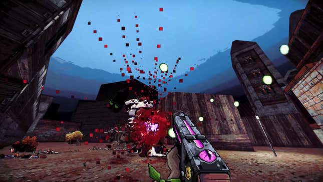 An explosion of pixely blood erupts from an enemy.