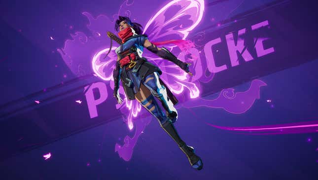 Pyslocke flies through the air against a gradient with her name spelled out behind her.