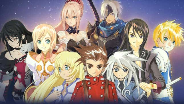 Tokoh protagonis dari Tales of Games berdiri dalam bidikan grup