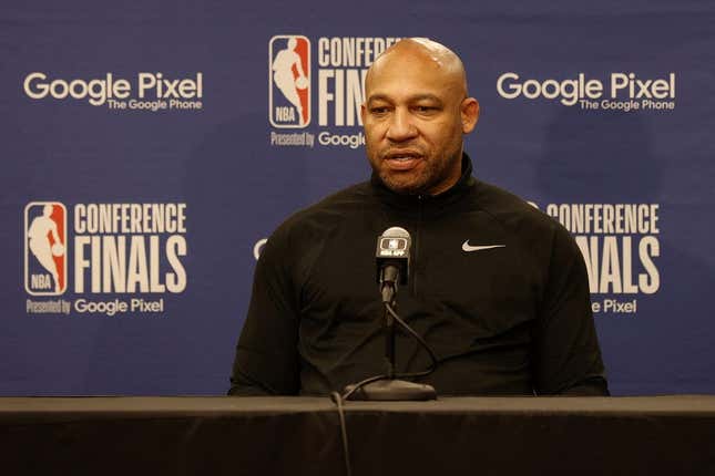 May 18, 2023; Denver, Colorado, USA; Los Angeles Lakers head coach Darvin Ham speaks in a press conference before game two against the Denver Nuggets in the Western Conference Finals for the 2023 NBA playoffs at Ball Arena.