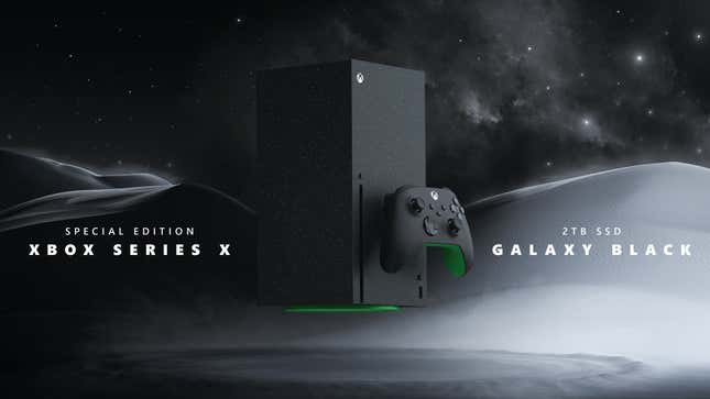 Xbox Series X in Galaxy Black reflects stars for each of its first-party teams. 