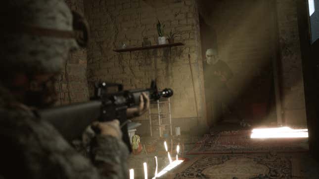 A soldier aims his gun at an enemy wearing a facial covering.  