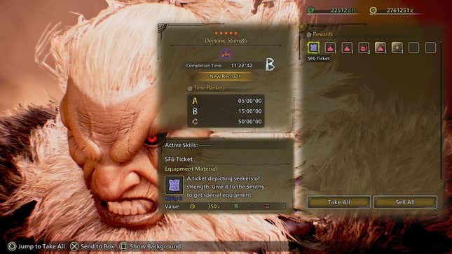 The rewards screen for the Demonic Strength quest, highlighting the SF6 Ticket material.