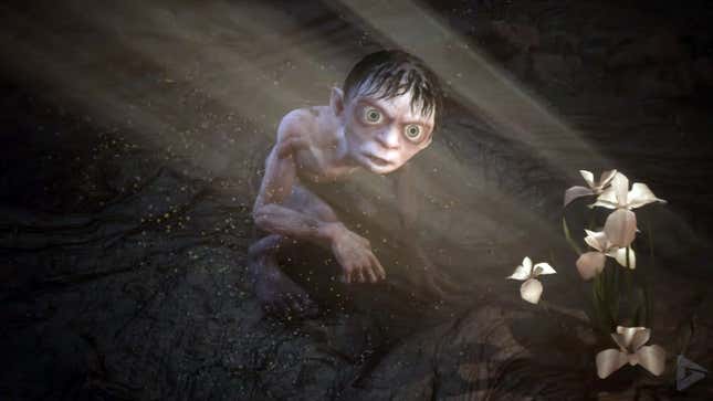 Gollum looks at a crop of illuminated flowers in The Lord of the Rings: Gollum.