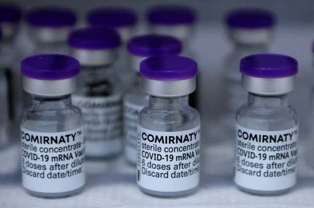 Injections with doses of the Pfizer-BioNTech Comirnaty coronavirus disease (COVID-19) vaccine