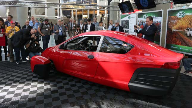 A photo of the Elio three-wheeled car