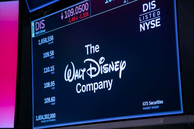 A monitor displays Walt Disney Co. signage on the floor of the New York Stock Exchange (NYSE)