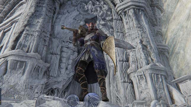A warrior stands in front of a white tower.
