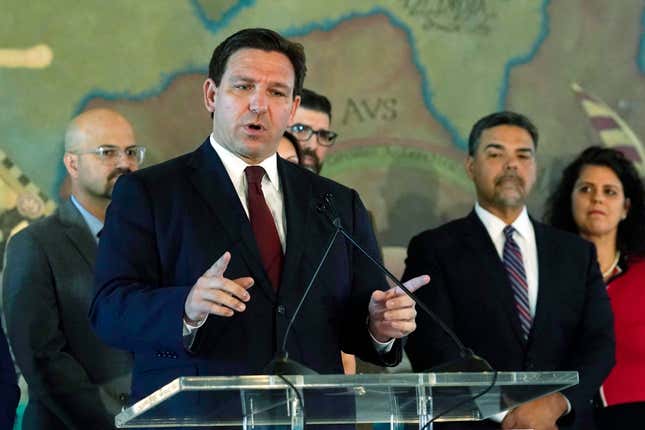 Florida Gov. Ron DeSantis speaks at Miami’s Freedom Tower, on Monday, May 9, 2022, in Miami. A congressional map approved by DeSantis and drawn by his staff is unconstitutional because it breaks up a district where Black voters can choose their representatives, a state judge said Wednesday, May 11, 2022.