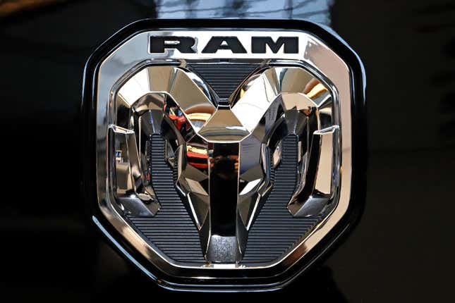 FILE - This Feb. 13, 2020 photo shows the Ram truck logo at the 2020 Pittsburgh International Auto Show in Pittsburgh. U.S. auto safety regulators will not seek a recall after a seven-year investigation into complaints that more than 1 million Dodge and Ram vehicles can roll away after being shifted into park. (AP Photo/Gene J. Puskar, file)