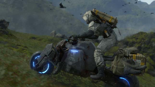An image from Death Stranding depicting protagonist Sam Bridges riding a motorbike on mountainous terrain.